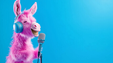 A yellow donkey with headphones and a microphone in front of it, standing against a flat blue background, ready to sing and entertain
