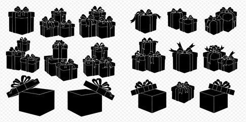 Silhouetted gift boxes of various sizes, some stacked, some open, all with ribbons and bows.