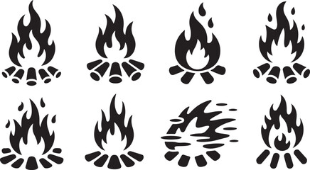 Obraz premium Eight black silhouettes of campfires with wood and abstract flames Keywords: campfire, fire, silhouette, wood, flames, burning, heat, icon, symbol, graphic, design, element, isolated, white