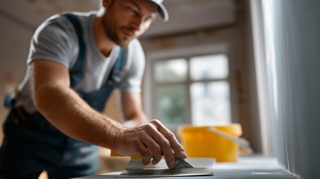 Faceless skilled plasterer applying plaster compound to wall surface using trowel defocused new house construction background smooth finish craftsmanship work expert plaster app