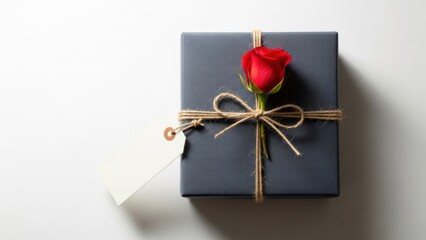 Elegant grey gift box with red rose and twine on white background