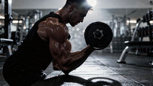 Muscular man intensely curls dumbbell in gym, sweat glistening - Powered by Adobe