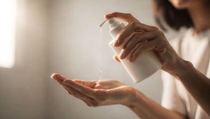 Person dispensing white lotion from bottle onto hand for skincare