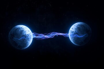 Two glowing blue planets connected by a vibrant purple energy beam against a dark background