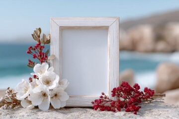 White wooden frame with white and red flowers on a sandy beach. Blank photo frame design for a picture on a summer vacation concept.