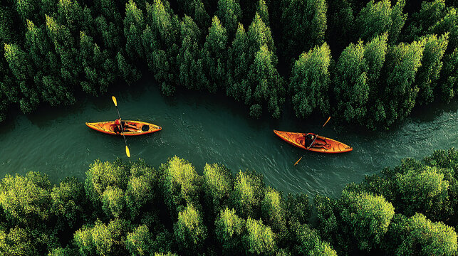 WIDE aerial shot of kayaks gliding through calm mangrove waterways in a townhouse community, winding natural channels below.