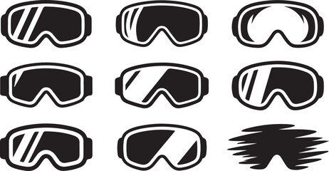 Nine black and white icons of ski goggles and snowboarding goggles with different lens styles Keywords: ski goggles, snowboarding goggles, eyewear, winter sports eyewear, snow goggles, protective