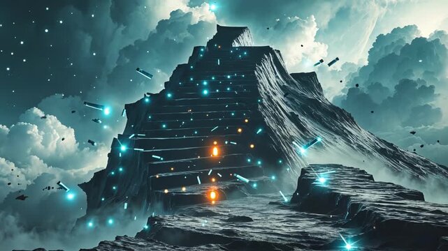 Dramatic scene of a massive pyramidal staircase zigurat structure built into a rugged mountain, illuminated by glowing blue and orange neon lights