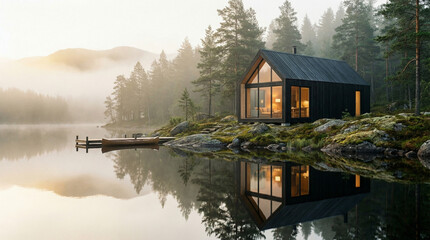 Fototapeta premium Cabin on lake with reflection and pier at sunrise