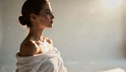Profile of woman in bathrobe, soft backlit glow, calm and reflective