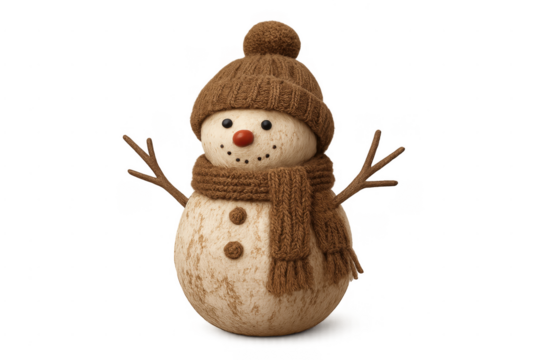 Snowman wearing knit hat and scarf, transparent background