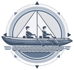 Two men rowing a boat together in a circular compass emblem, a symbol of teamwork and navigation.