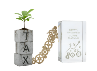 Tax Growth Strategy: Business Investment Concept with Financial Symbols & Gears on white background