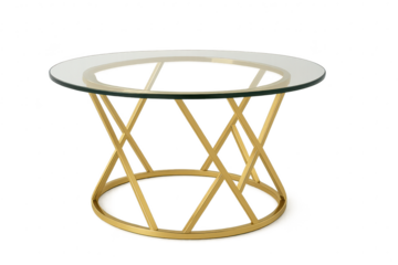 Gold metal and glass round side table, isolated on transparent background.