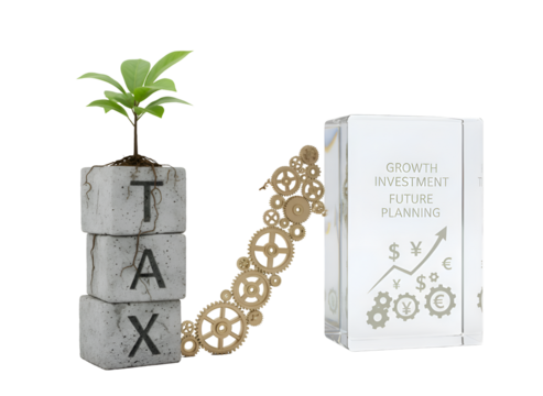 Tax Growth Strategy: Business Investment Concept with Financial Symbols & Gears on white background