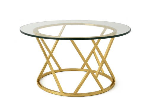 Gold metal and glass round side table, isolated on transparent background.