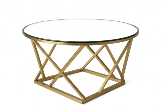 Modern gold geometric coffee table with round glass top, isolated on transparent background