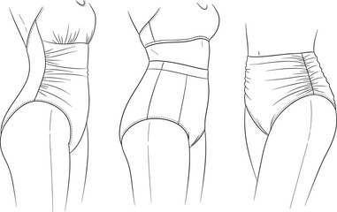 Retro High-Waisted Swimsuit Bottoms Vector Line Art Set Illustrating Ruched Details and Body Contouring for Vintage Fashion, Beachwear, and Lingerie Design Concepts