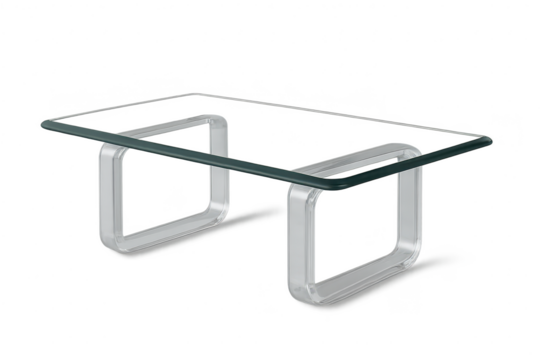 Modern coffee table with glass and clear legs, isolated transparent image.