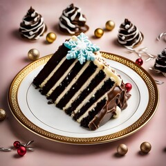 Festive Chocolate Layered Cake  topped with a blue sugar snowflake rests on an ornate golden plate surrounded by holiday decorations.