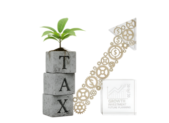 Plant Growing from TAX Blocks with Gear Arrow Representing Financial Growth & Efficiency on white background