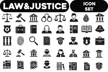 Law and Justice Black Silhouette Line Icon Set Vector Illustration .set liner vector with white background