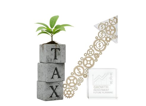 Plant Growing from TAX Blocks with Gear Arrow Representing Financial Growth & Efficiency on white background