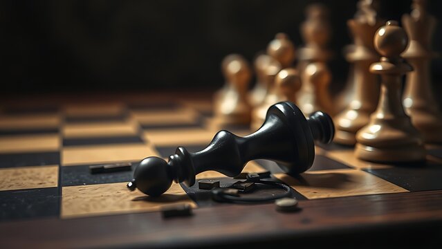 relativistic. A broken chessboard with a fallen black piece near white ones, dramatic lighting on wood. lifestyle magazines, social media lookbooks, designed for influencer and brand collaborations.
