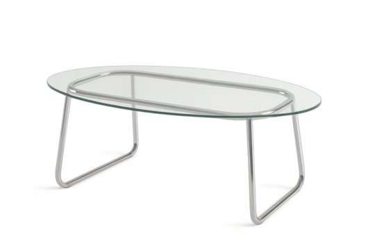 Contemporary glass coffee table, chrome base, isolated on transparent background.