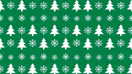 Green Christmas Seamless Pattern with Snowflakes and Holiday Trees