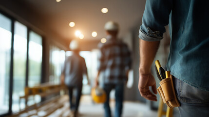 Home renovation work in active progress scene faceless construction workers collaborating defocused unfinished interior background with ladders scaffolding remodeling project