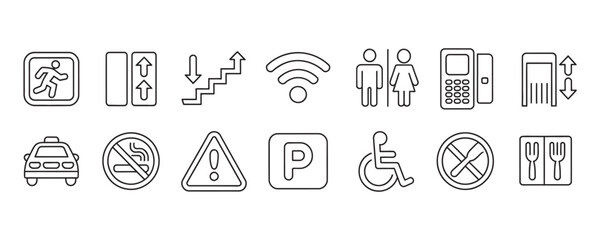 Essential collection of line icons representing public services and amenities for travel and everyday life providing guidance and convenience
