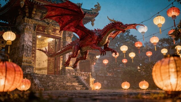 Vibrant red dragon flies by ancient temple under glowing lanterns