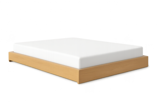 Modern minimalist bed with white mattress on wooden frame, transparent background.