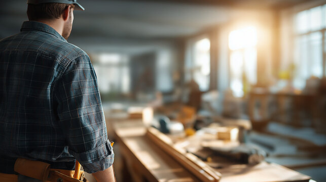 House renovation in dynamic progress scene faceless construction work ongoing defocused chaotic interior background with supplies debris home remodeling transformation property