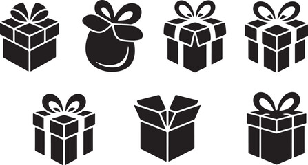 Set of Gift Box and Present Icons with Ribbons and Bows Keywords: gift box, present, gift, box, package, parcel, ribbon, bow, celebration, birthday, holiday, Christmas, surprise, opening, unboxing