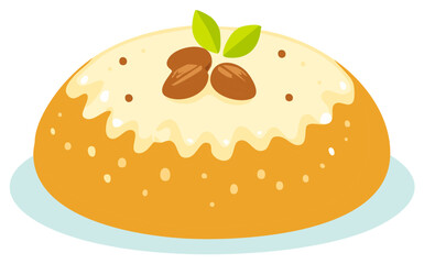 Golden festive dessert cake with sweet cream glaze almond nuts and green leaf garnish