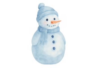 Snowman wearing blue hat and scarf watercolor illustration