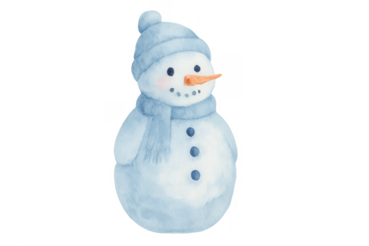 Snowman wearing blue hat and scarf watercolor illustration - Powered by Adobe