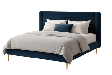 Modern blue upholstered bed, grey bedding, isolated on transparent.