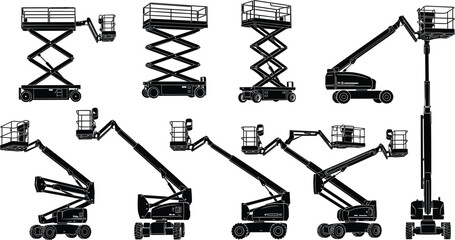 Silhouettes Collection of Scissor Lifts and Telescopic Boom Lifts Vector Illustration, Industrial Construction Equipment, Elevating Work Platform, Aerial Safety Machinery © merajul