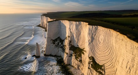 Dramatic white cliffs etched with ancient patterns rise majestically from the tranquil sea under a golden sky, showcasing the breathtaking beauty of the coastline