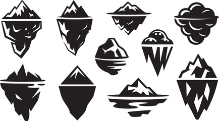 Set of ten black and white iceberg and mountain silhouette icons with water elements Keywords: iceberg, icon, silhouette, mountain, snow, ice, cold, arctic, antarctic, glacier, frozen, winter