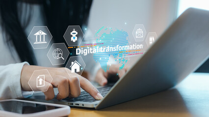 Naklejka premium Digital Transformation Interface on Laptop with Modern Technology Icons