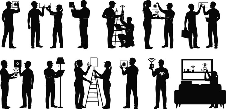 Smart, home, device, silhouette, installation, configuration, tablet, phone, speaker, panel, ladder, vector, black, pose, wireless, signal, technician, user, setup, flavector