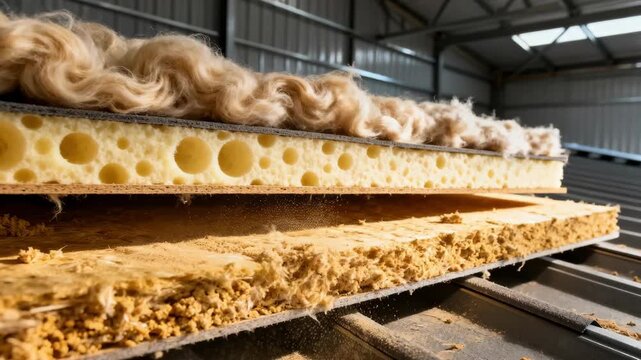 Medium shot capturing closeup of layered roof insulation materials highlighting texture differences between wool foam and cellulose.