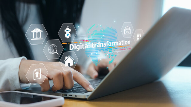 Digital Transformation Interface on Laptop with Modern Technology Icons