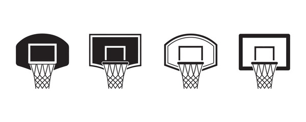 Basketball hoop icons provide athletic themes, fitness designs, and sports graphics - perfect for team branding, vector art, and recreational layouts