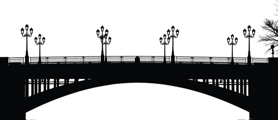 Ornate arched bridge silhouette vector with vintage street lamps, isolated antique city architecture illustration, black historic crossing concept, elegant infrastructure graphic design element.