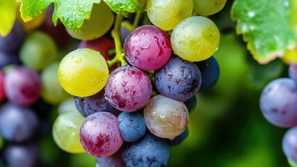 Video Close-up  of a bunch of grapes hanging from a vine, ready for harvest